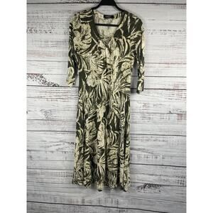 Lauren Ralph Lauren Dress Women's Large Green Beige Leaf Print V Neck 3/4 Sleeve